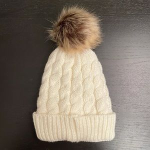 NWOT Cable Knit Beanie with Faux Fur Puffball